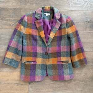 Cabi Happy Plaid Purple Multicolor Wool Mix 3/4 Sleeve Blazer Size 4